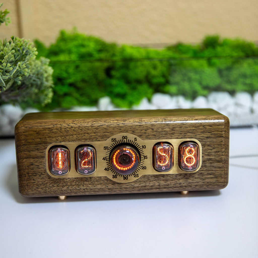 Handmade IN-12 nixie tube clock Pulsar with Decatron and orange glow in a wooden case - view 2