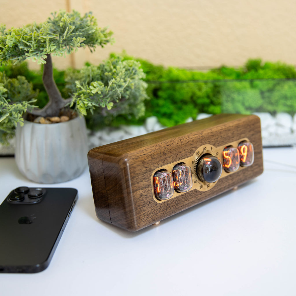 Handmade IN-12 nixie tube clock Pulsar with Decatron and orange glow in a wooden case - view 3